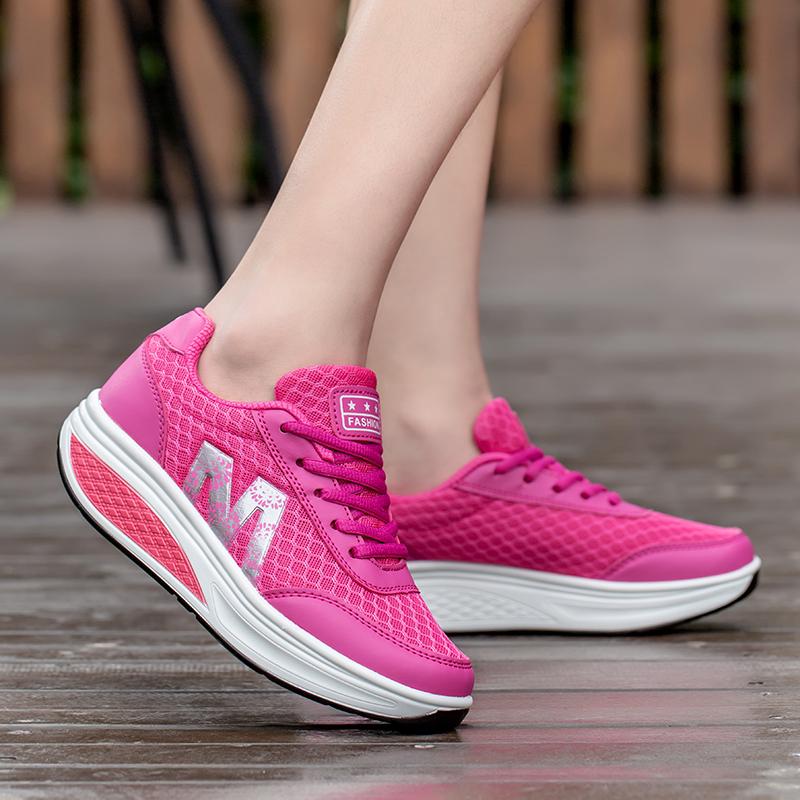 Fashion Women Platform Shoes Breathable Mesh Rocker Shoes Wedge Heels Non-slip Casual Walking Shoes