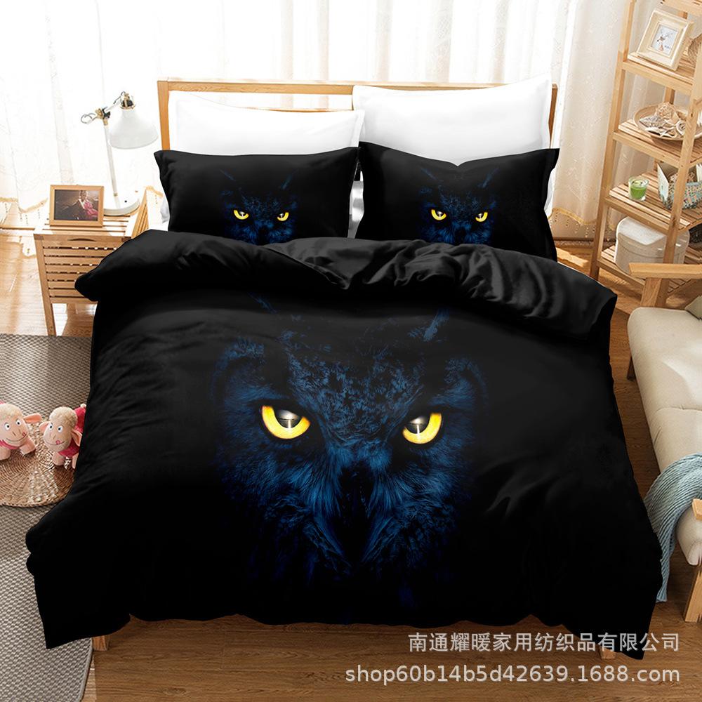 3D Digital Printing Bedding Four-Piece Set Three-Piece Set Owl Black Bed Sheet Quilt Pillow