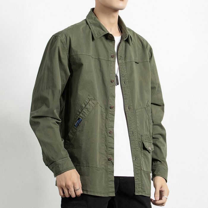 Мужская рубашка с длинным рукавом и карманами Повседневная хлопковая рубашка Высококачественная Камуфляжная рубашка Верхняя одежда Хаки Черный Блузки XXXL зелёный