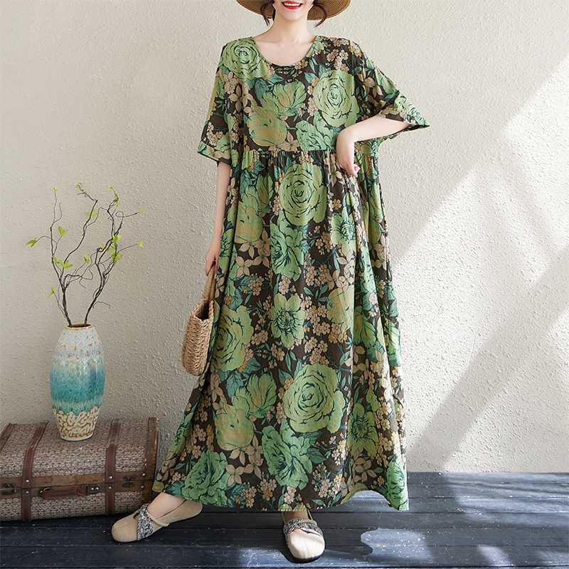 

Тонкое хлопково-льняное простое длинное платье с короткими рукавами и круглым вырезом для женщин One size