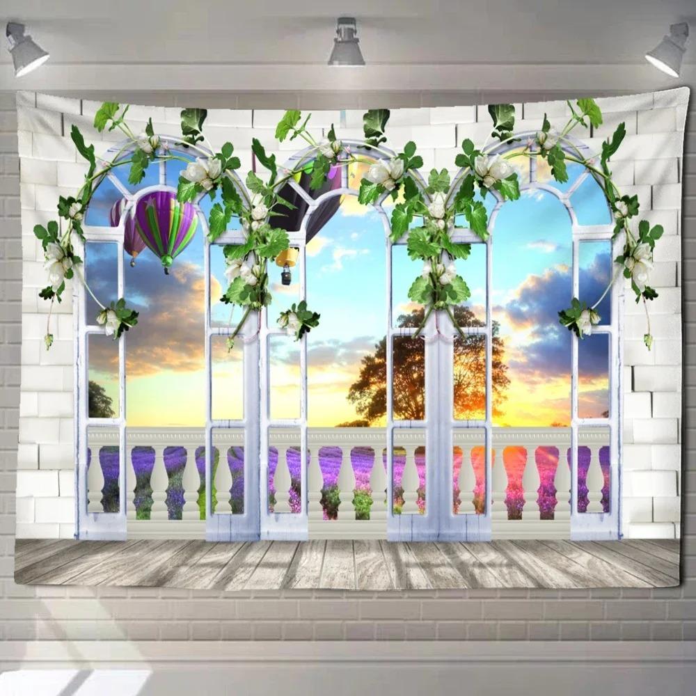 Home decoration natural ecological beach scenery imitation window paper art tapestry background wall room beautiful living room