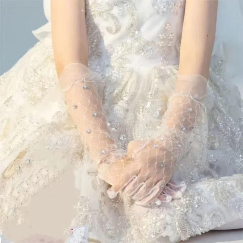 2Pairs Bright Rhinestone Children's Lace Gloves Five Fingers Performance Gloves  Birthday Party