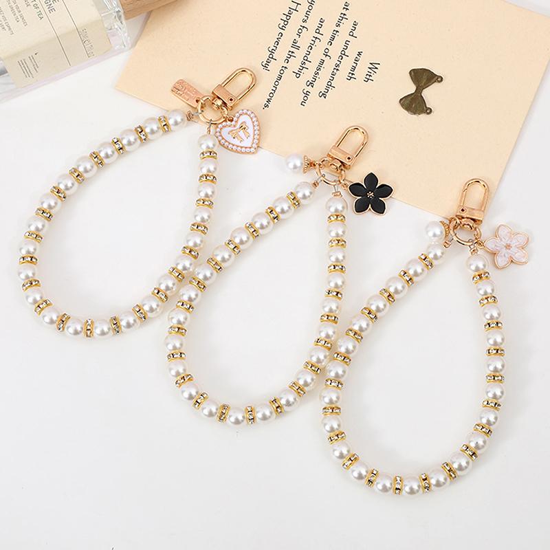 Cute Imitation Pearl Beads Chain Pendant Phone Keychain Bag Hangings Key Chain Mobile Phone Camera Wrist Strap Anti-Lost Pendant