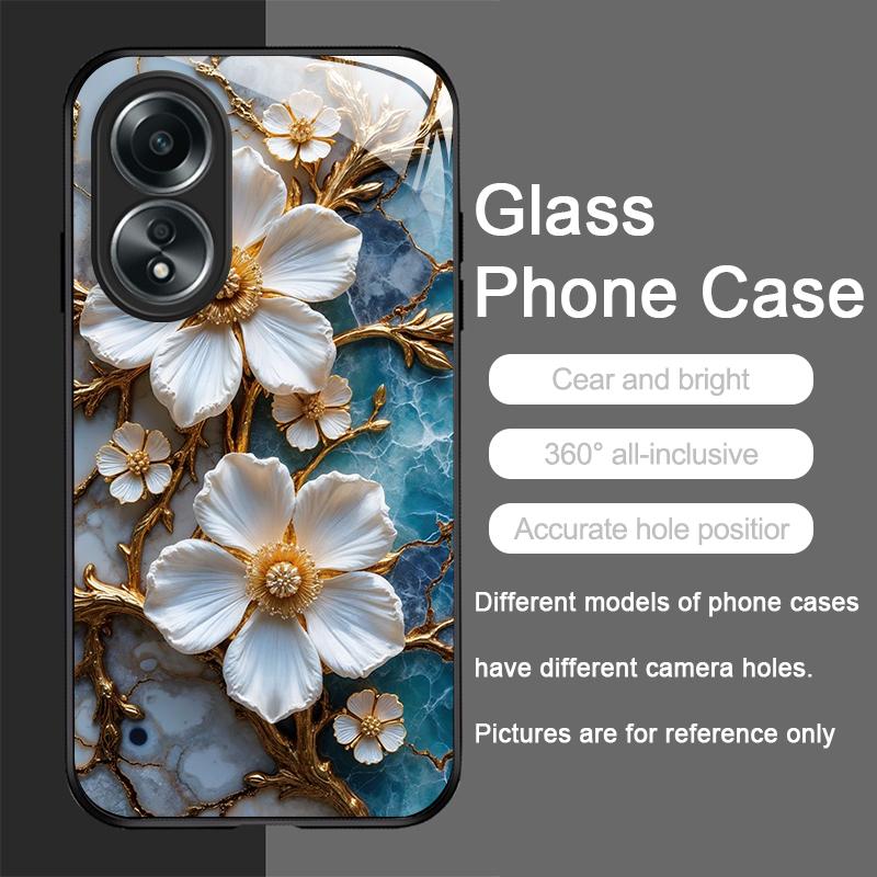 White Camellia Flower Marble Texture Tempered Glass Phone Case for OPPO Realme 13 Pro Plus 12 11 10 9i C55 X7 GT Neo 2 3T Cover