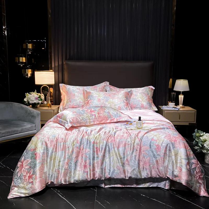 

Luxury High-end Silk Bedding Set Silky Satin Quilt Cover Set Printed Queen King Duvet Cover Soft Gift for Your Lover Friends Flat Bed Sheet&2pc pillowcase