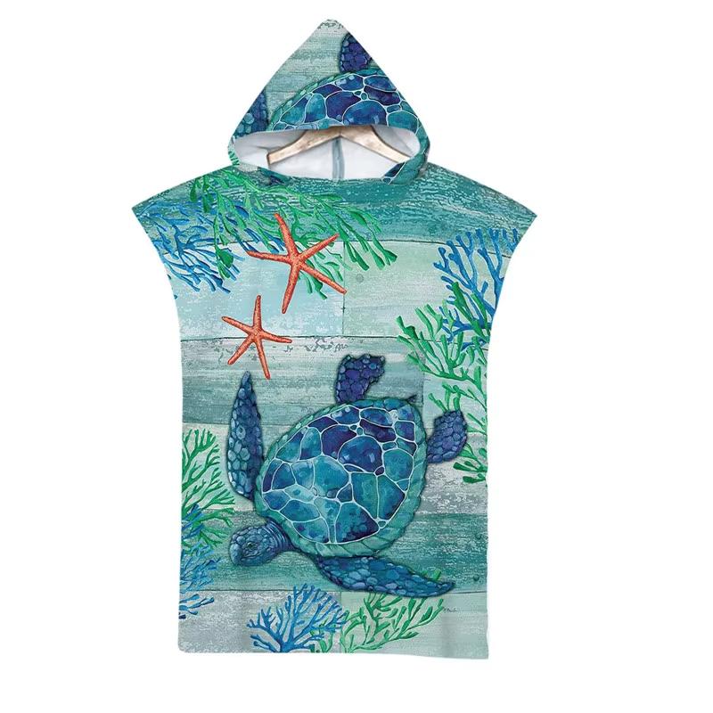 Microfiber Sea Turtle Printing Changing Robe Bath Towel Outdoor Hooded Beach Towel Poncho Women Swimming Diving Bathrobe Cloak