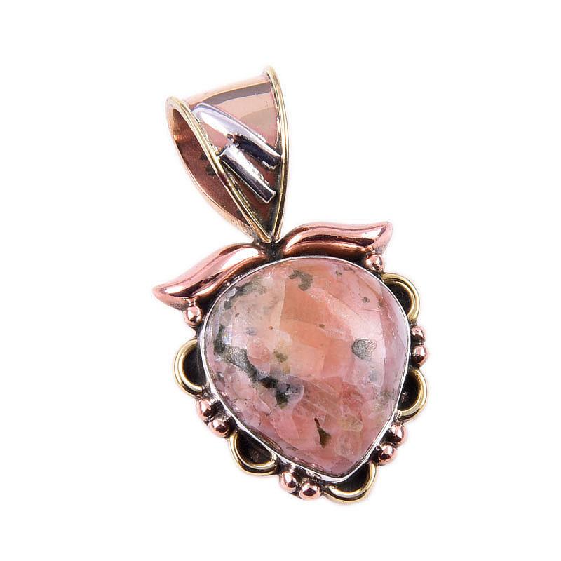 Natural Rhodonite Gemstone 925 Solid Sterling Silver Two Tone Pendant 1.25" v3V53