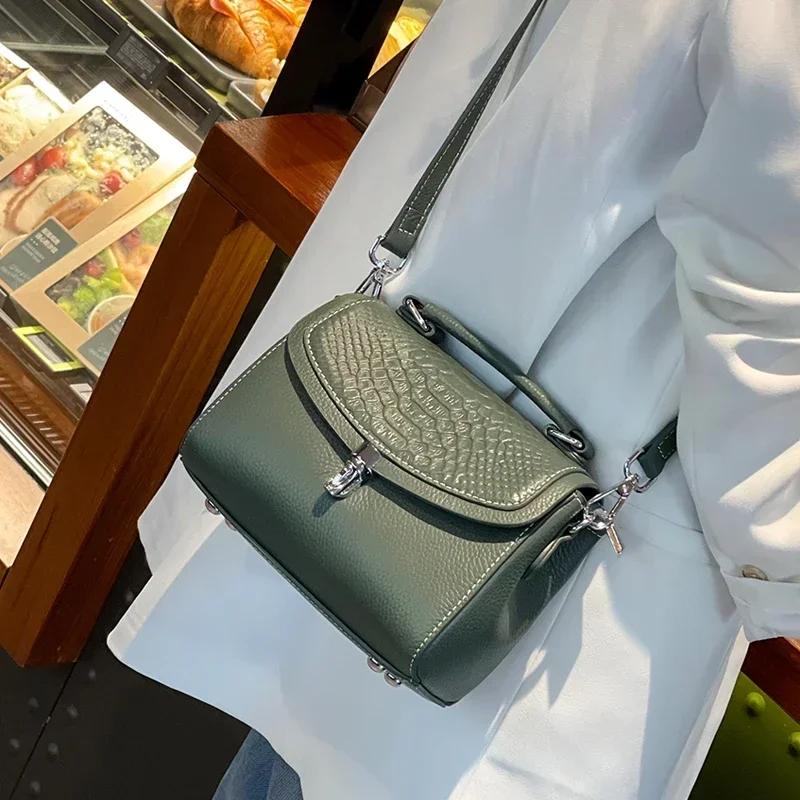 Female Cowhide Versatile Handbag Women Cow Real Leather Crossbody Bag Ladies Retro Fashi Temperament Square Shoulder Bag Purse