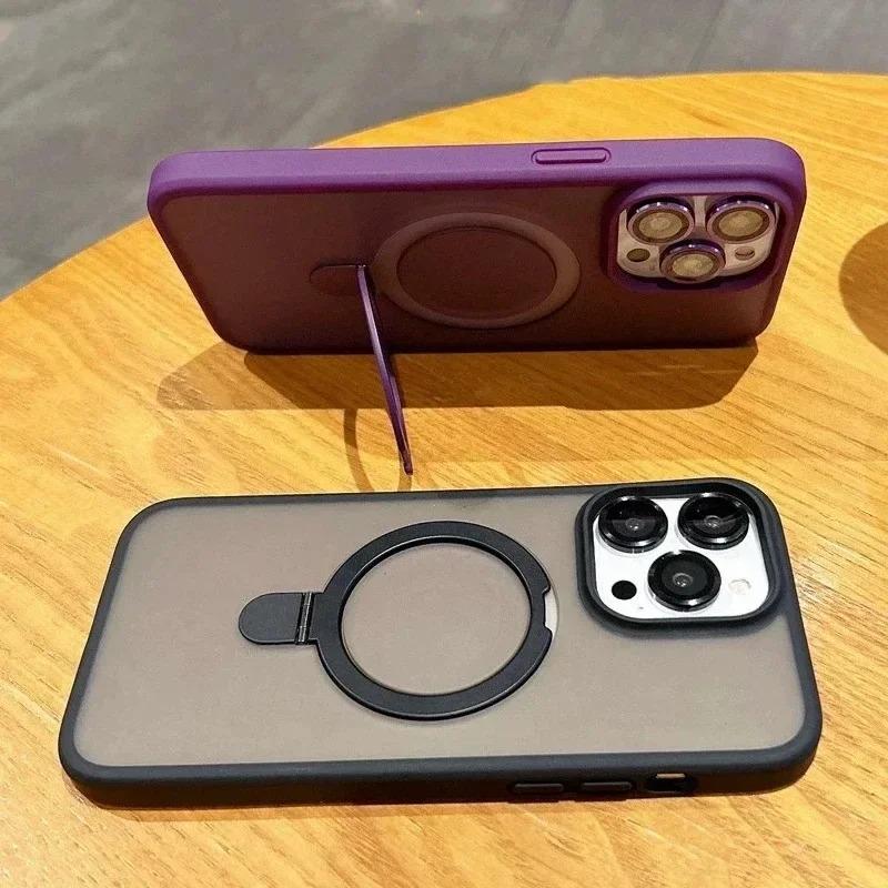 Matte Ring Holder Glass Lens Phone Case for IPhone 15 14 13 12 11 Pro Max Plus for Magsafe Wireless Magnetic Hard Bumper Cover