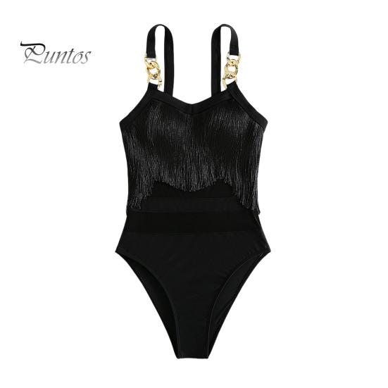 

Женский сексуальный монокини слинг без рукавов с кисточками и декором купальник с сеткой, с открытой спиной, цельный бикини S чёрный