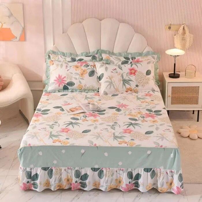 Ensemble de 3 pièces en pur coton doux pour la peau, confortable, anti-acariens, couvre-lit à imprimé floral 100 % coton et 2 taies d'oreiller
