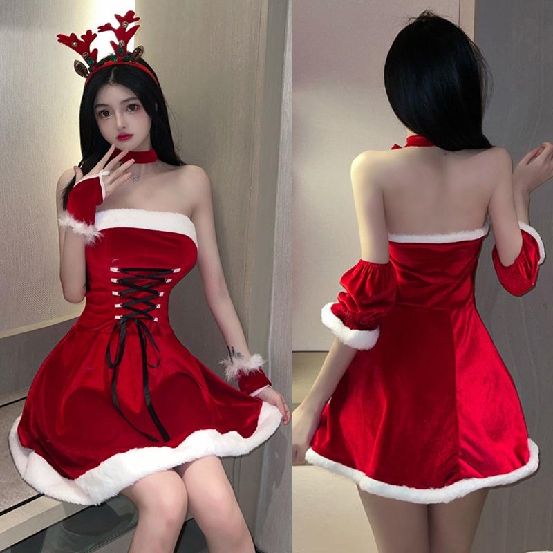 

Christmas costumes Lolita maid red dress women soft velvet bunny lingerie Xmas red Santa Claus cosplay party outfits красный