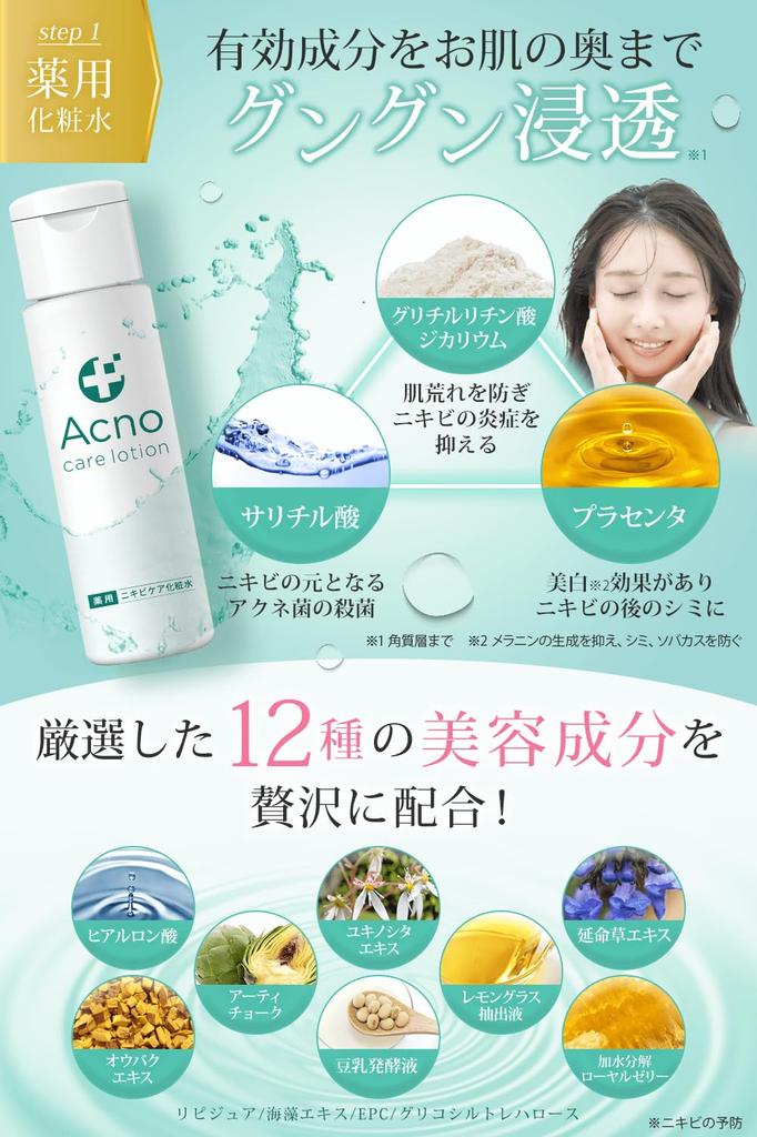 Acne and Acne Scar Care Medicated Acno Lotion and Cream Set For back acne and Contains three active Can be used on the whole Made in Japan