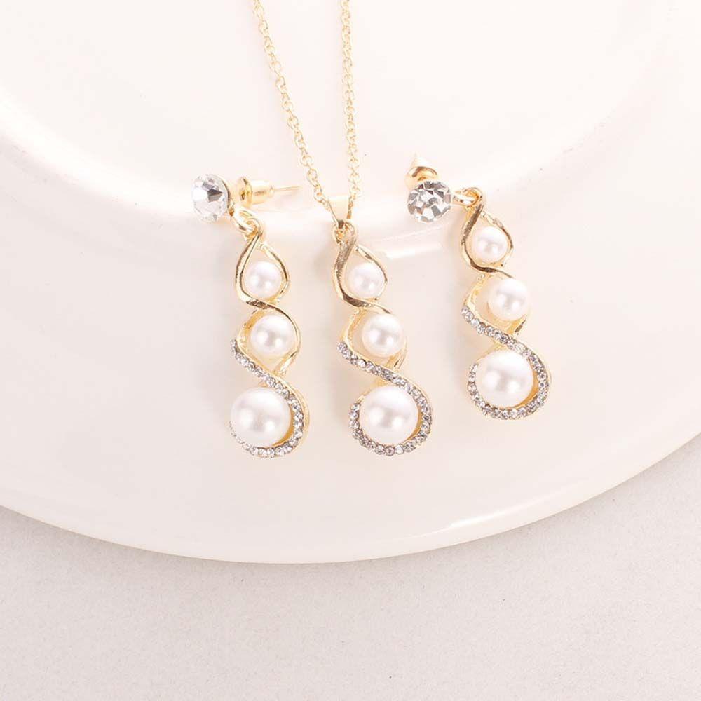 Bride Simulated Pearls Gifts For Women Cubic Zirconia Necklace Pendant Dangle Earrings Jewelry Set
