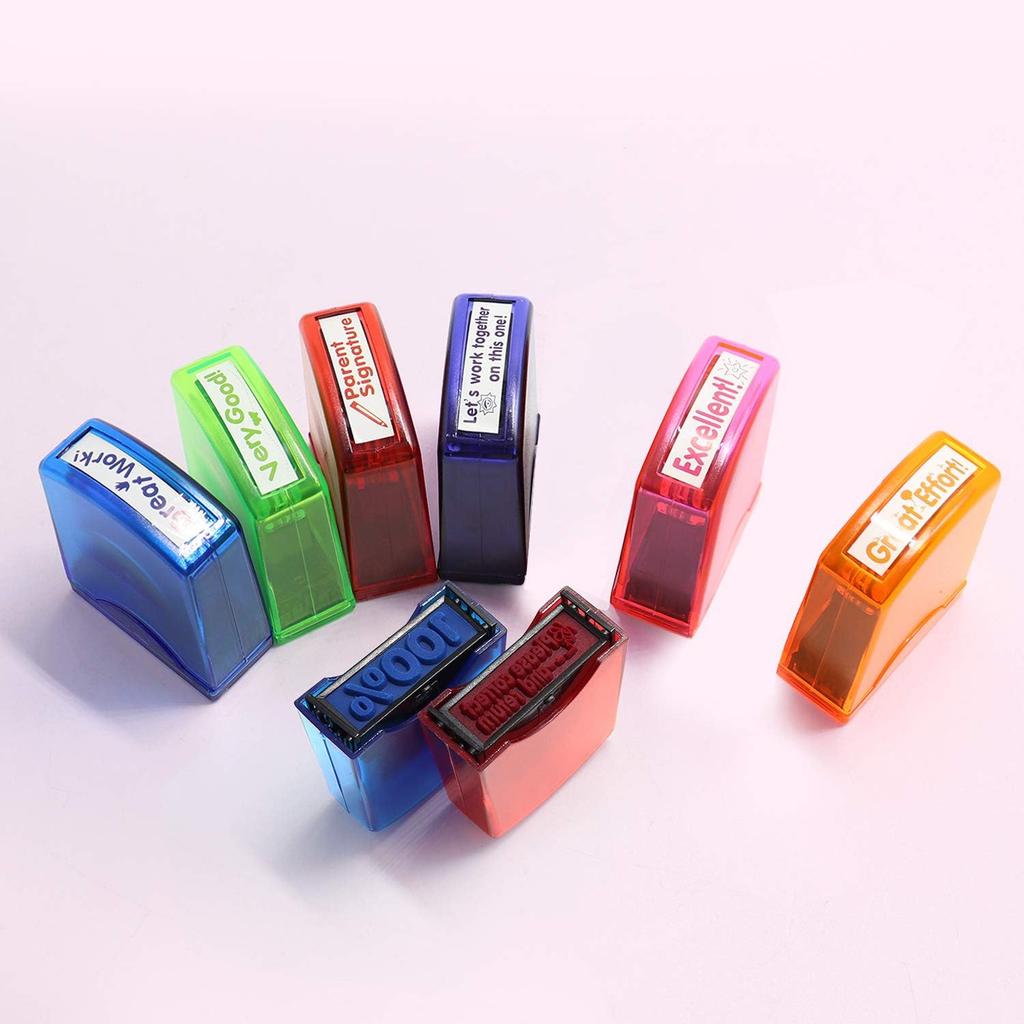 Reliancer Colorful Self-Inking Motivation School Grading Teacher Stamp Set and Tray (8-Piece)