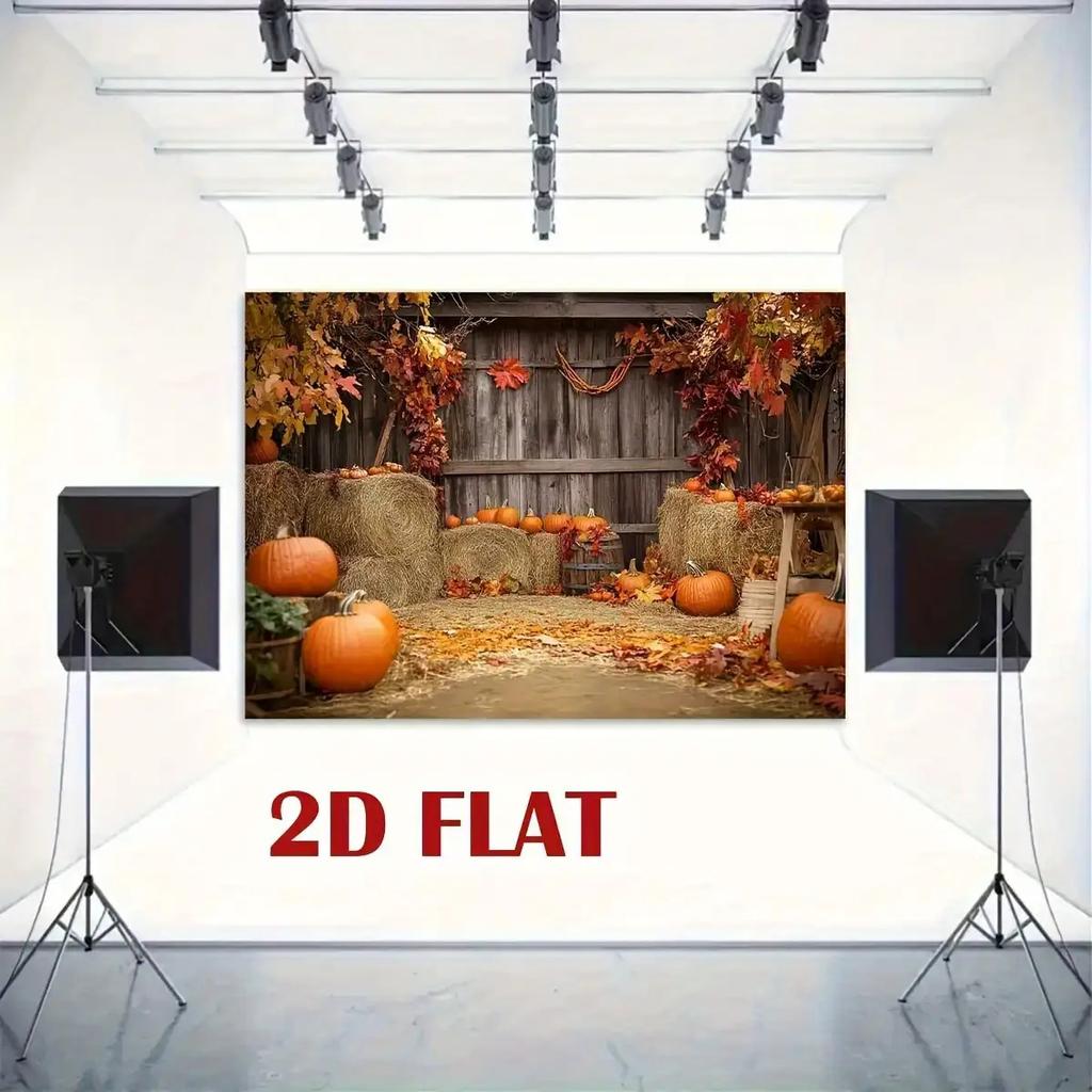 2D Plane, 1 Rural Farmhouse Background with a Pumpkin Field, Indoor/outdoor Autumn Party Decoration
