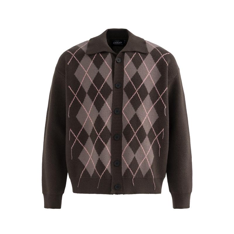 Корейский ретро вязаный кардиган-свитер с блоками цвета и бриллиантовым узором - Унисекс, мужской повседневный 2025 L