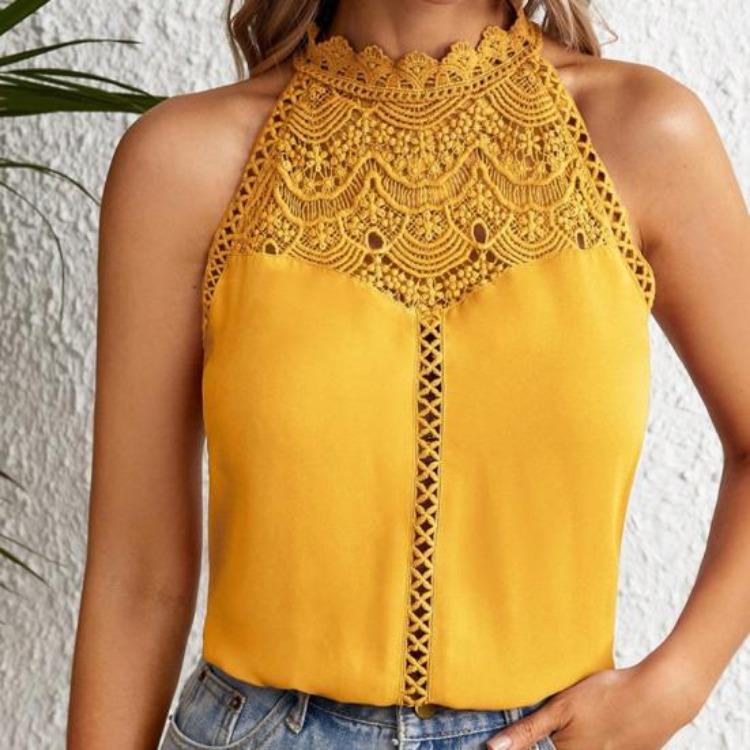 Neckholder Weste Damen Lässige Tops Einfarbige Spitze Dekoration Durchbrochene Spitze Stickerei