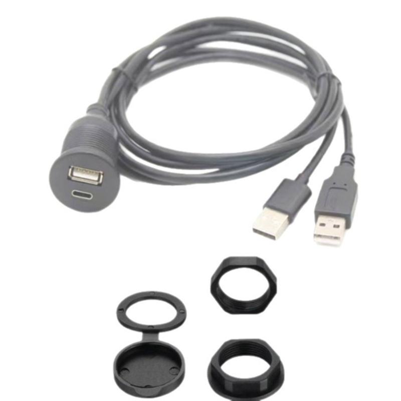 USB 2.0 Extension Cord with Double USB A Male to USB and Type C Female Ports 1M Length for Vehicle