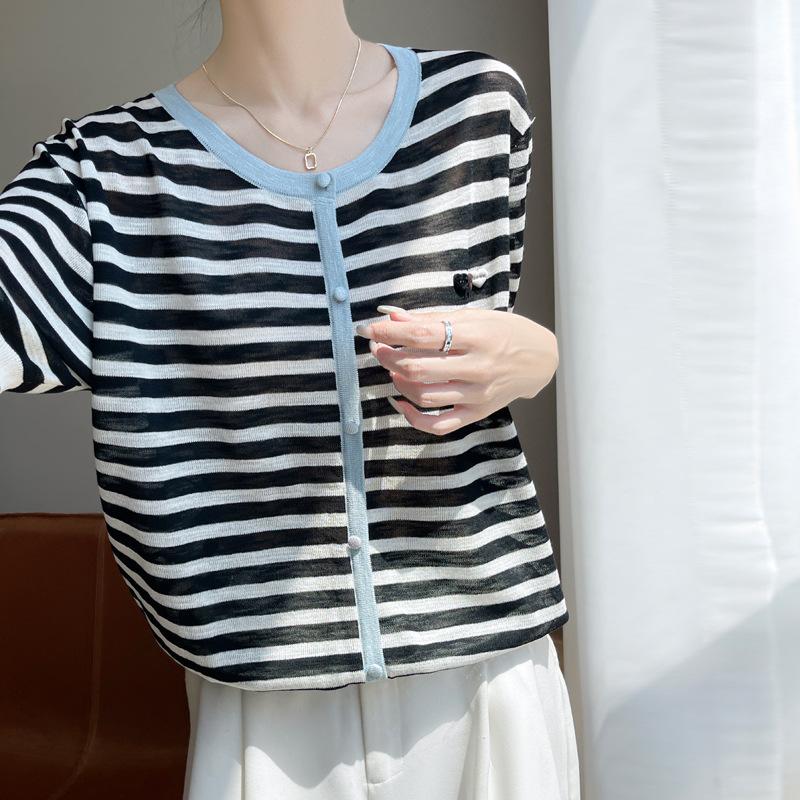 Bamboo Joint Striped Short-sleeved T-shirt for Women's Summer New European V-neck Color-blocking Fashion Temperament Pullover Shirt Thin Style