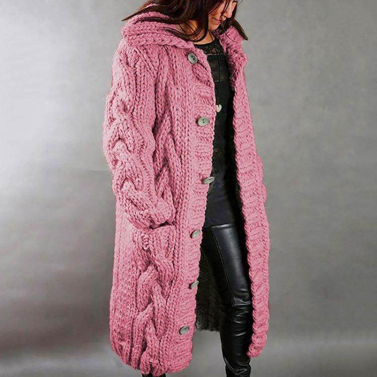 Damen Übergröße Langarm Kapuzenstrickjacke mit Taschen Einreihiger Mantel