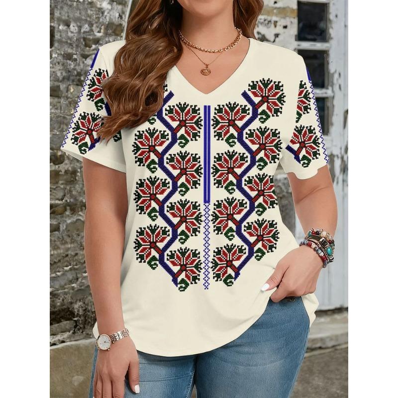 Summer Ethnic Style Floral 3D Print T-Shirts Women's V-Neck Short Sleeve T Shirt Y2k Harajuku Tees Casual Tops Female Clothing