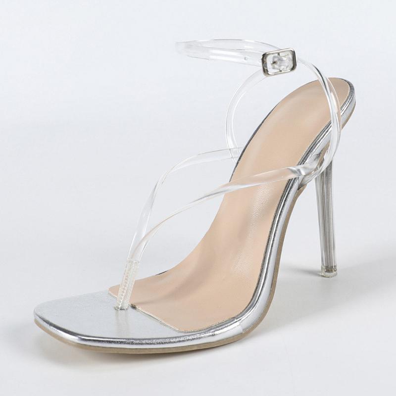 

Women Transparent Strap Clip-on High Thin Heel Sandals Ankle Buckle Stiletto Sandals for Office Banquet Nightclub Party Catwalk 35 серебряный