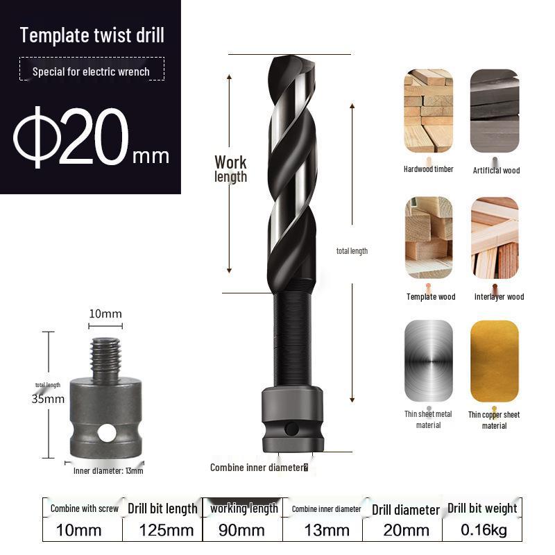 Woodworking Twist Drill Bit & Conversion Sleeve for Fast Hole Punching with Electric Wrench