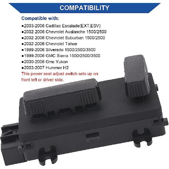 Obaee Power Seat Switch Adjust Recliner Control Driver Side Left 8 Way Compatible With Chevy Chevrolet Silverado Avalanche Suburban Tahoe 1999-2007