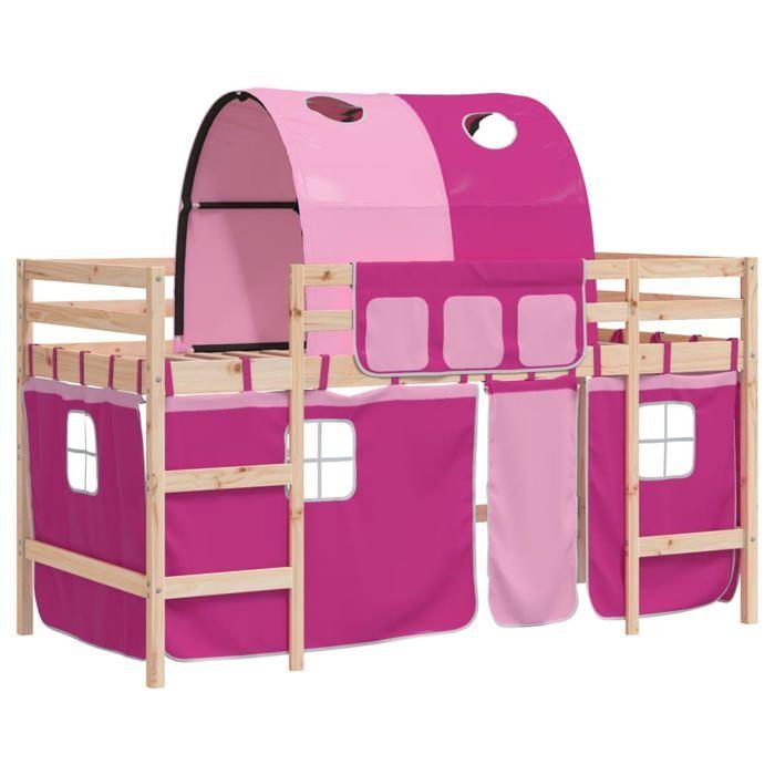 VidaXL Lit Mezzanine Enfants avec Tunnel, Lit Surélevé pour Enfants avec Échelle, Meuble de Rangement Chambre, Moderne, Rose 3206993