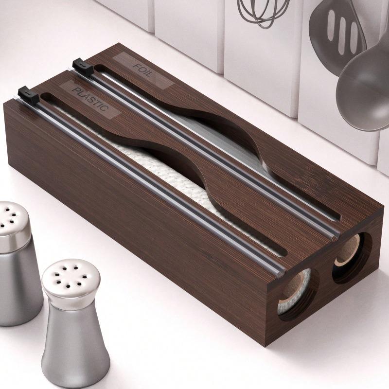 Eco-Friendly Bamboo Kitchen Wrap Cutter and Foil Storage Box - Wall-Mounted 2-in-1 Organizer for Easy Carry and Practical Use