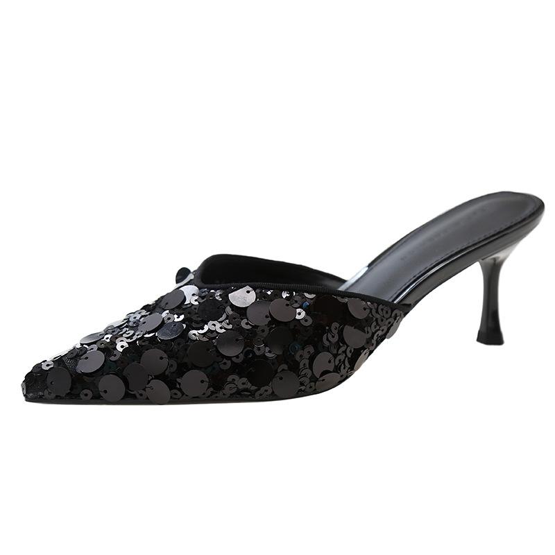 

Baotou back empty sandals spring new high-end sequined single shoes women s pointed head thin heel shallow mouth niche design sense 35 чорний