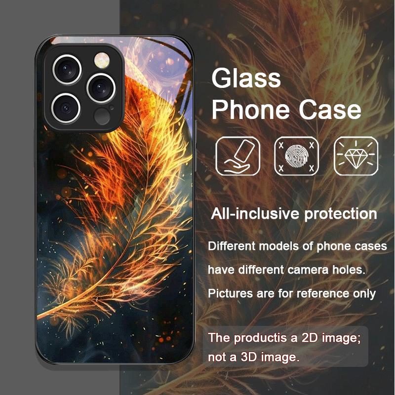 Aesthetic Phoenix Fire Feather Pattern Tempered Glass Phone Case for iPhone 17 16 Pro Max 15 14 Plus 13 12Mini 11 X XS MAX Cover