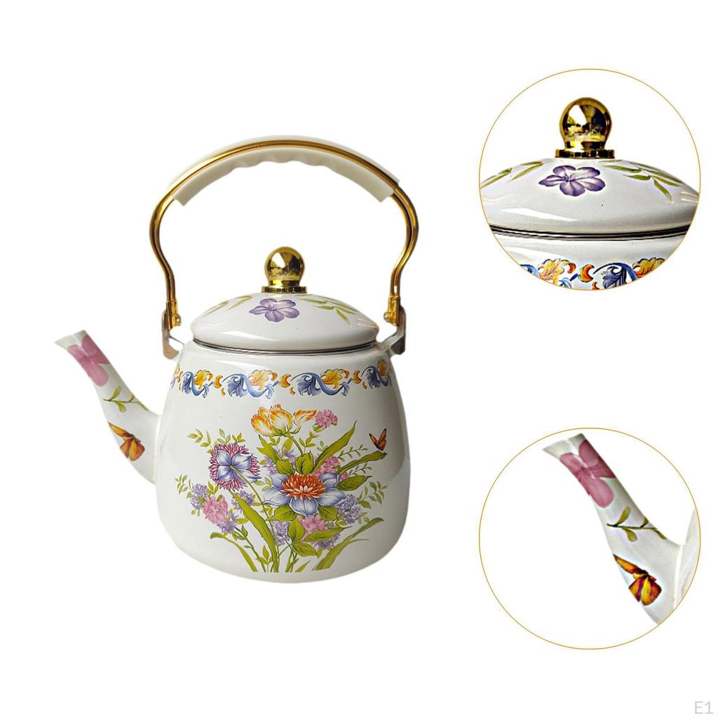 Emaille-Teekessel, Wasserkochendes 3,3-l-Teekanne mit bequemem Griff und Blumenmuster für