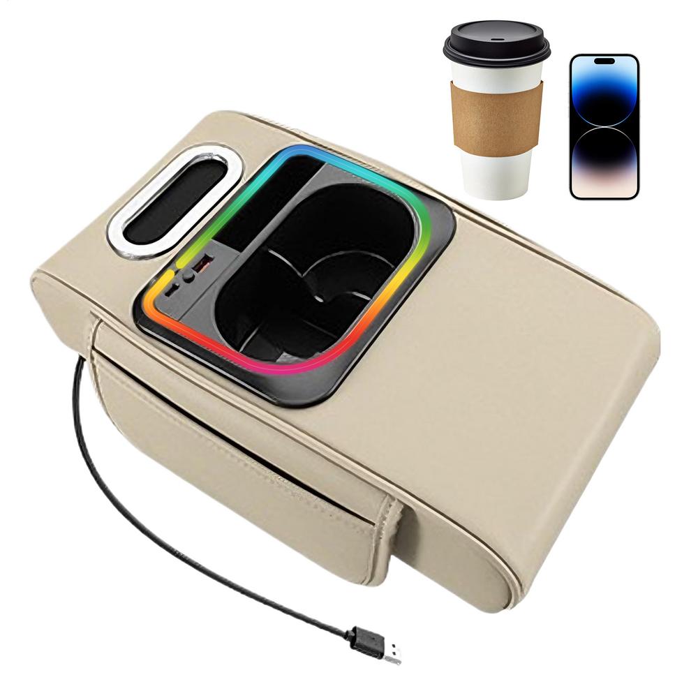 

Car Armrest Organizer Bottle Holder Tissue Box With Side Pocket Ambient Light USB Port Car Arm Rest Organizer For Central хаки