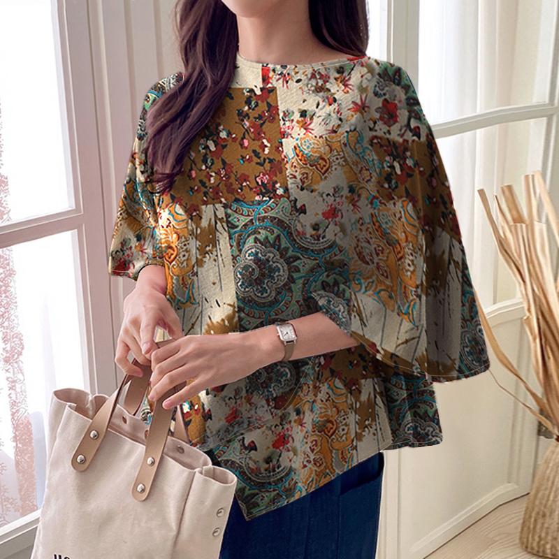 

ZANZEA Женская повседневная блузка из хлопка с этническим принтом, с круглым вырезом и рукавами долман 4XL хаки