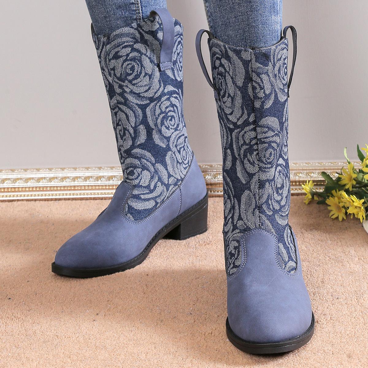 

Foreign trade large size retro printed women s boots 2025 autumn and winter new fashion splicing thick heel knight boots V mouth fashion boots 43