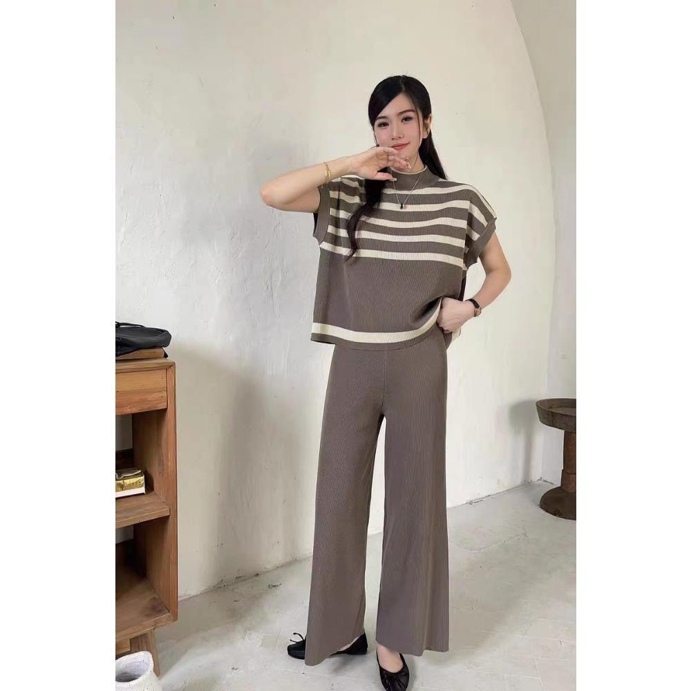 Simple High-end Fashion Niche Striped Knitted Vest Top Fashion Slim-fitting Wide-leg Pants Women