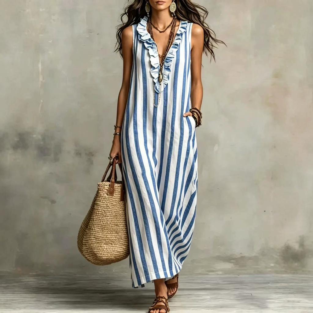 European and American cross-border women's clothing Amazon 2026 new bohemian temperament vertical striped V-neck pocket sleeveless long dress