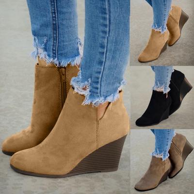 Botines de ante con cuña y cremallera de color liso para mujer, de punta redonda