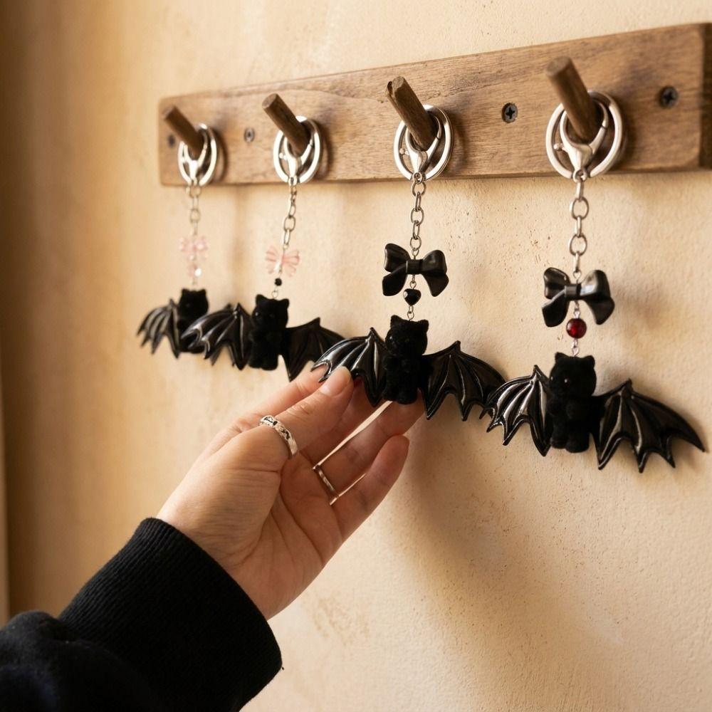 Dark Fluffy Bear with Wing Keychain Soft Touch Plush Bat Bear Keyring Halloween Party Gift