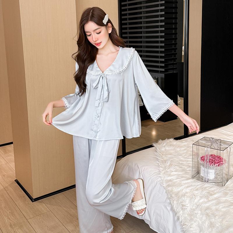 French lace lace cool ice and snow silk loose pajamas women, spring and autumn princess style bow skin-friendly loungewear