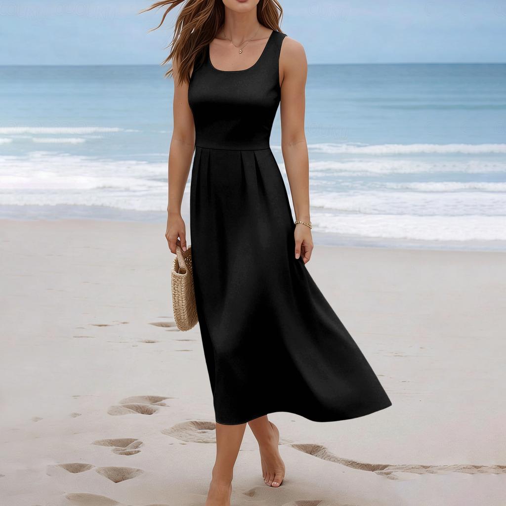 Ärmelloses Langes Freizeitkleid für Damen Sommer Einfarbig Einfach Entspannte Passform Maxikleid für den Alltag Urlaub Büro