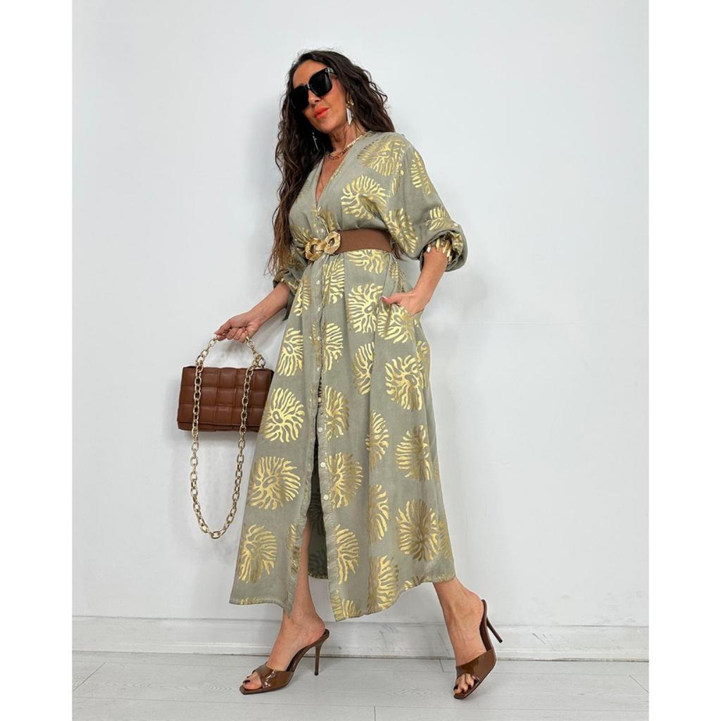 Women's Lapel Printed Gold Stamping Loose Casual Long Sleeve Plus Size Dress, Cross-border New Arrival