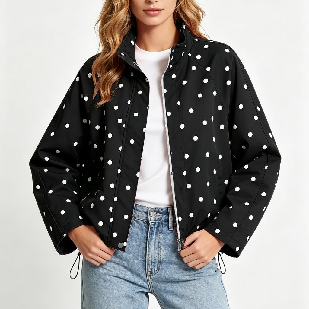 Giacca Casual da Donna a Pois con Collo Alto e, Capo Esterno Versatile dalla Vestibilità Larga