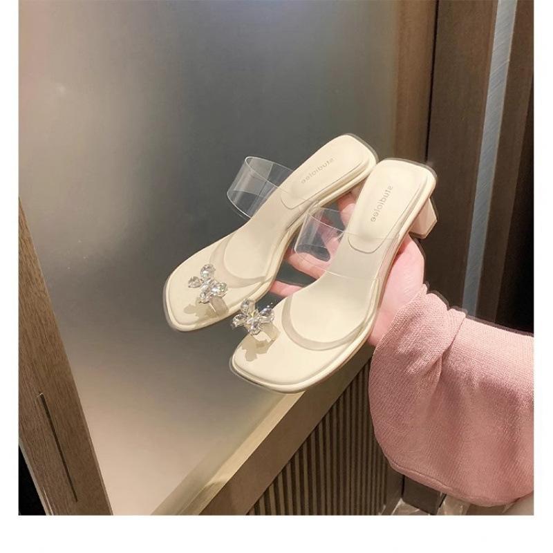 

Shoe cover toe butterfly rhinestone temperament square head transparent word with high heels slippers 40 белый