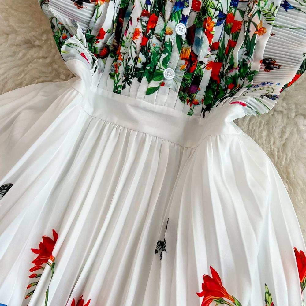 Sommer Damen Kleid Mode Blumendruck Ärmelloses Kleid Hohe Taille Skinny Plissee Kleid