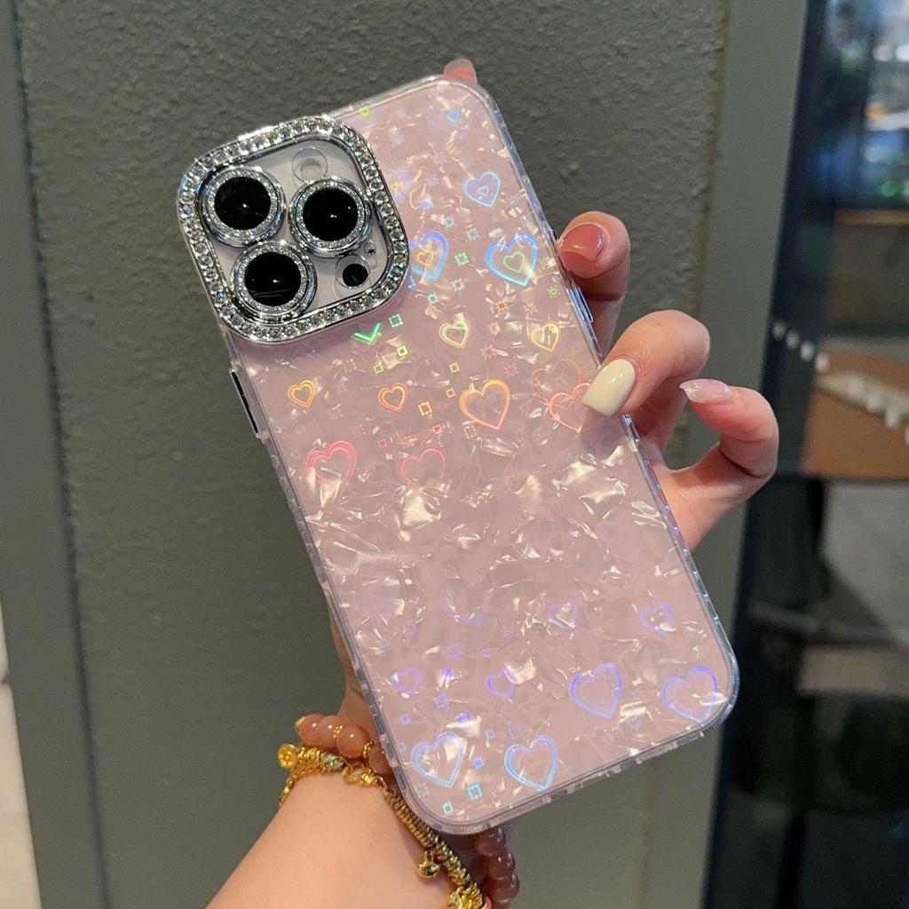 Shell Pattern Rhinestone Precision Hole Case for iPhone 17 Pro Max, Compatible with Apple 15, Premium Feel, Fits 14/13 Pro
