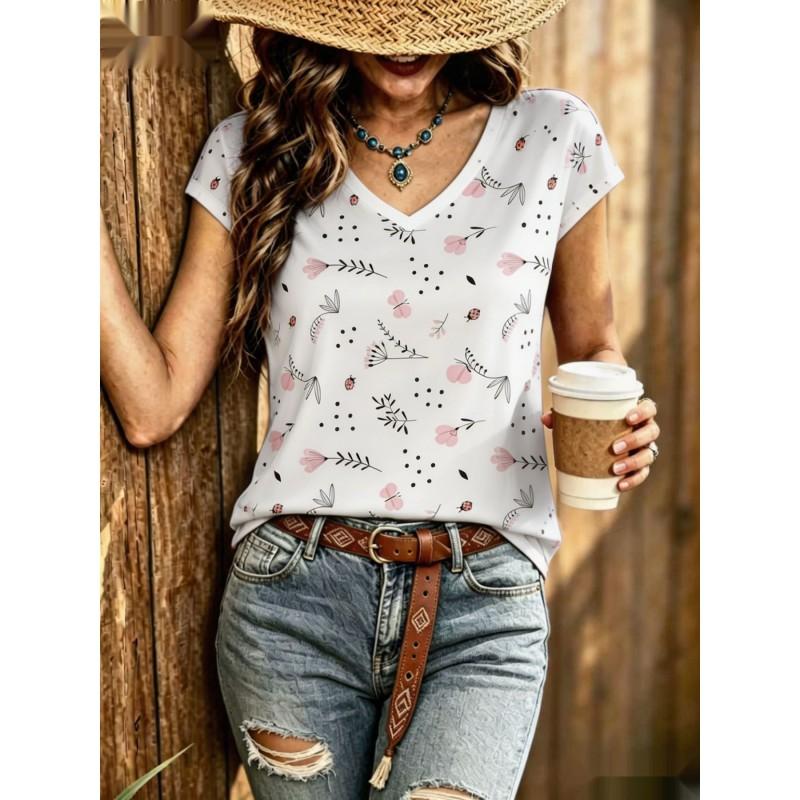 Womens V-Neck Short Sleeve Loose T-Shirt With Colorful Polka Dot Print Casual Oversized Top Daily Wear