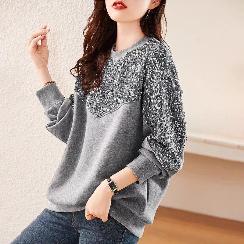Autumn Winter New Style Sequin Splicing Western Style Sweatshirt for Women 2025 New Top